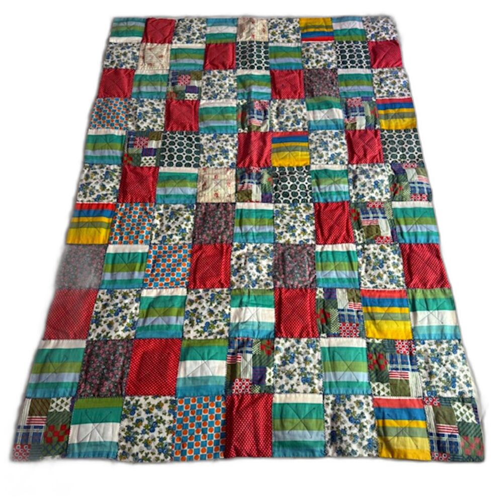 Handmade Patchwork Quilt VTG Multicolor 35x51 Crib Lap Throw Boho Cottage Cotton